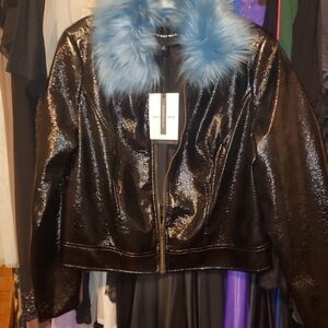 Shiny Black Faux Leathe Bomber Zip UoJacket with Blue Fur Trim